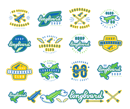 Set of longboard emblems. Graphic design for t-shirt and stickers. Color print on white backgroundのイラスト素材