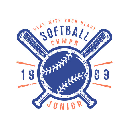 Emblem of softball junior team. Graphic design for t-shirt. Color print on white background.のイラスト素材