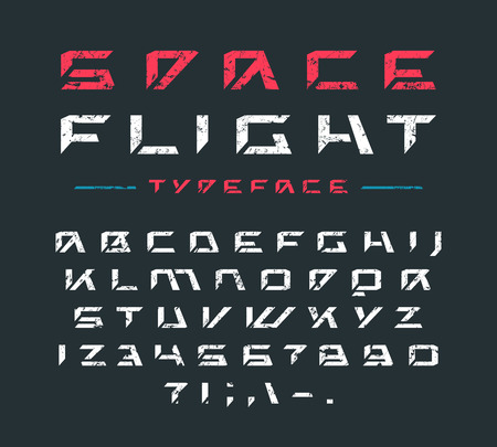 Futuristic font with rust texture. Letters and numbers for sci-fi, military, cosmic logo and title designのイラスト素材