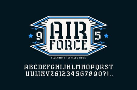 Stencil plate serif font and air force emblem. Letters and numbers for logo and t-shirt design. Print on black backgroundのイラスト素材