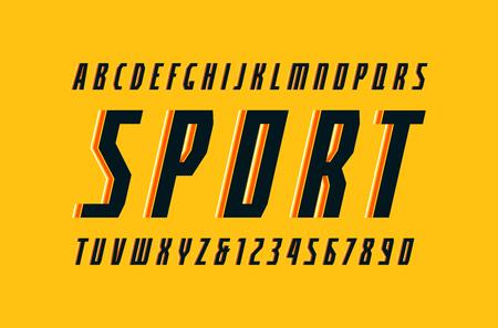 Decorative narrow italic sans serif font in the sport style. Letters and numbers for logo and title design. Print on yellow backgroundのイラスト素材