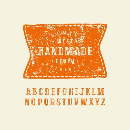 Serif font in the style of handmade graphics. Letters with rough texture. Patch with denim emblem. Orange print on light background.のイラスト素材