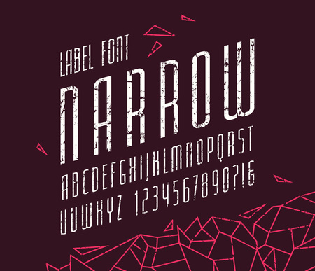 Italic narrow sans serif font. Letters and numbers with rough texture for logo and label design. Print on black backgroundのイラスト素材