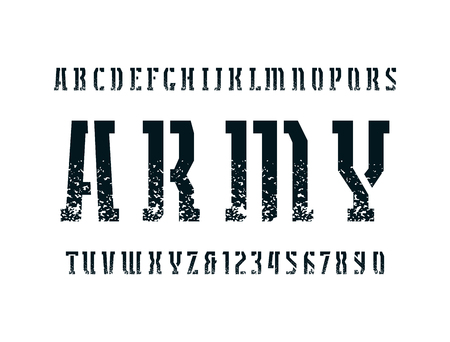 Narrow stencil-plate serif font in military style. Letters and numbers with rough texture for icon and headline design. Black print on white backgroundのイラスト素材
