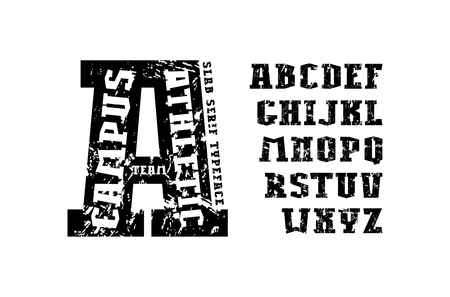 Slab serif font in athletic style. Extra bold face. Letters with rust texture for t-shirt and title design. Print on black backgroundのイラスト素材