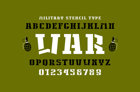 Stencil-plate slab serif font in military style. Letters and numbers for logo and title design. Print on green backgroundのイラスト素材