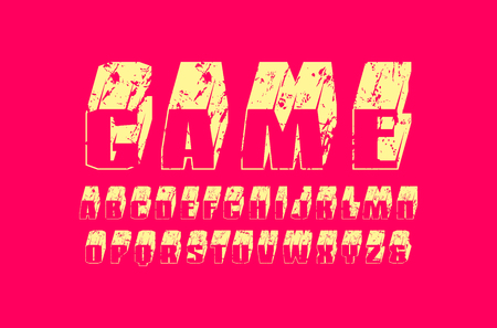 Decorative sans serif extra bulk font. Hollow letters with rough texture for icon and title design. Yellow print on pink background.のイラスト素材