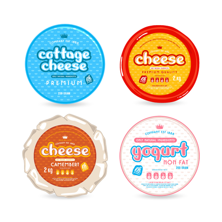 Set of template label for cheese and yogurt. Graphic design of round labels with lettering and patternのイラスト素材
