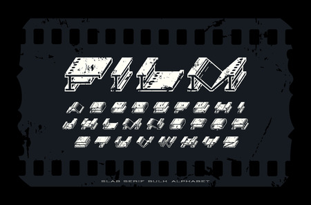 Decorative extra bulk extended serif font with rough texture. Letters design in old film style. White print on black backgroundのイラスト素材