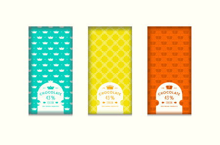 Set of seamless pattern and labels for chocolate packaging. Bright color background.のイラスト素材