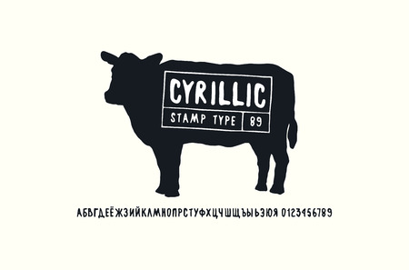 Cyrillic sans serif font in handwritten style and cow silhouette. Letters and numbers for logo and stamp design. Black print on white background.のイラスト素材
