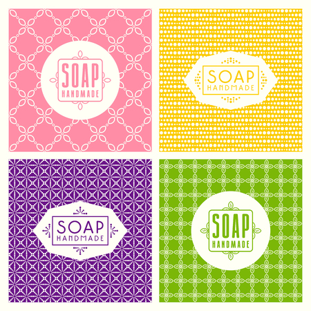Set of seamless pattern and labels for handmade soap packaging. Pink, yellow, green and violet color background.のイラスト素材