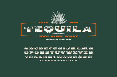 Ornate serif font in retro style. Tequila label template. Letters and numbers for icon, emblem and signboard design. Color print on green background.のイラスト素材
