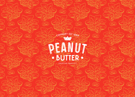 Seamless pattern and label for peanut butter. Illustration in the style of handmade graphics. Color print on red backgroundのイラスト素材