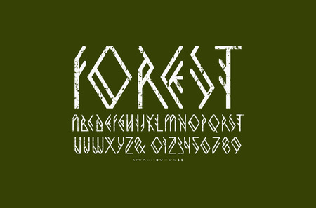 Decorative geometric sans serif font. Letters and numbers with rough texture for camping, nature, vegetarian logo design. White print on green backgroundのイラスト素材