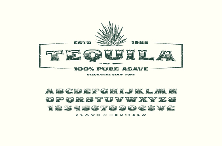 Ornate serif font in retro style. Tequila label template. Letters and numbers with rough texture for logo, emblem and signboard design. Print on white backgroundのイラスト素材