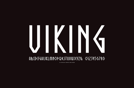 Decorative geometric narrow sans serif font. Letters and numbers for logo and emblem design. White print on black backgroundのイラスト素材