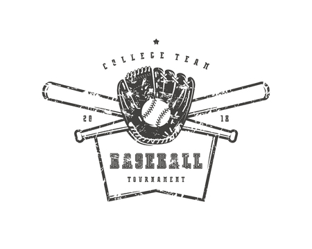 Emblem of baseball college team. Graphic design with rough texture for t-shirt. Black print on white backgroundのイラスト素材