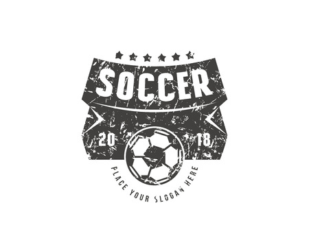 Template emblem for soccer team. Graphic design with rough texture for t-shirt. Black print on white backgroundのイラスト素材