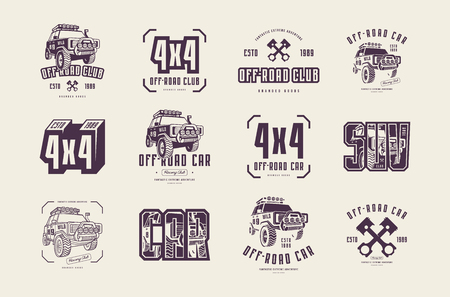 Stock set of off-road club emblems. Sticker design for your car or t-shirt. Isolated on white backgroundのイラスト素材