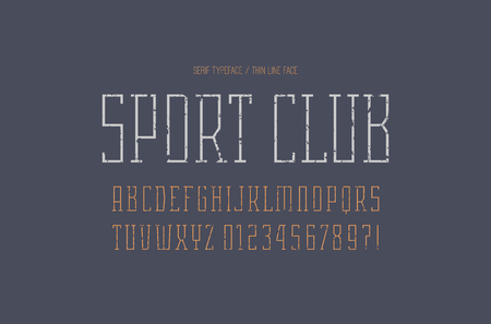 Narrow serif font in the sport style. Thin line typeface. Letters and numbers with rough texture for logo and title design. Color print on gray backgroundのイラスト素材