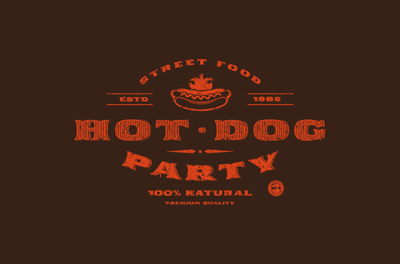 Stock vector template of hot dog label. Design with rough texture. Red print on dark backgroundのイラスト素材