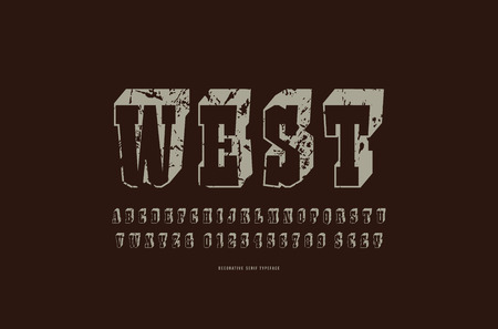 Slab serif bulk font in retro style. Letters and numbers with rough texture for logo and title design.  Gray print on black backgroundのイラスト素材