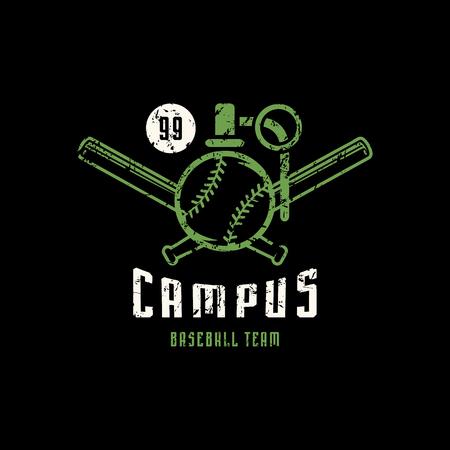 Emblem of campus baseball team with vintage texture for sticker and t-shirt design. Color print on black backgroundのイラスト素材