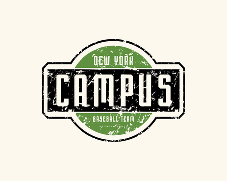 Emblem of campus baseball team with vintage texture for sticker and t-shirt design. Color print on white backgroundのイラスト素材
