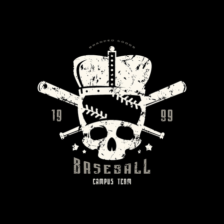 Emblem of campus baseball team with vintage texture for sticker and t-shirt design. Color print on black backgroundのイラスト素材