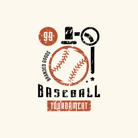 Emblem of campus baseball tournament with vintage texture for sticker and t-shirt design. Color print on white backgroundのイラスト素材