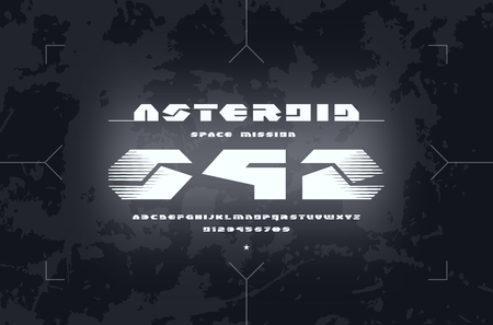 Geometric sans serif font in futuristic style. Letters and numbers for sci-fi, military, cosmic title designのイラスト素材