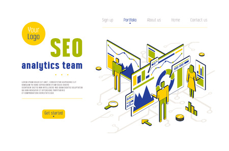 Stock vector seo analytics team. Concept of landing page in flat design isometric style for websiteのイラスト素材