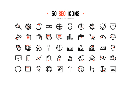 Stock vector set of seo optimization icons. Design elements in thin line style. Isolated on white backgroundのイラスト素材