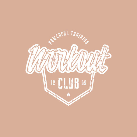Workout club emblem for t-shirt. Graphic design with lettering and vintage texture. White print on color backgroundのイラスト素材