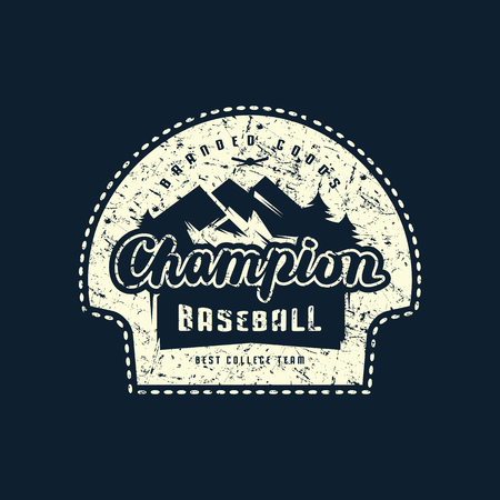 Emblem of champions baseball team with rough texture. Graphic design for sticker and t-shirt. White print on black backgroundのイラスト素材