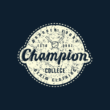 Emblem of champions baseball team with rough texture. Graphic design for sticker and t-shirt. White print on black backgroundのイラスト素材