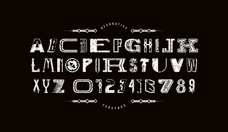 Decorative font of different styles. Letters and numbers with rough texture and headline design. White print on black backgroundのイラスト素材