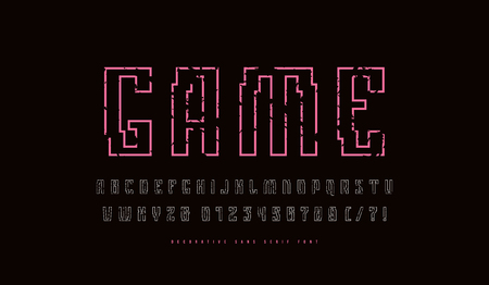 Hollow sans serif font in cyber style. Letters and numbers with vintage texture for sci-fi, cosmic  and emblem design. Color print on black backgroundのイラスト素材