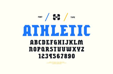 Stock vector serif font, alphabet, typeface. Letters and numbers for gym, workout, athletic and headline design. Print on white backgroundのイラスト素材