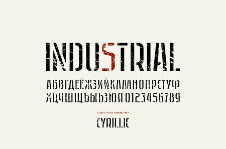 Stock vector stencil-plate sans serif narrow font, alphabet, typography. Cyrillic letters and numbers with rough texture for  label design. Print on white backgroundのイラスト素材