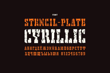 Cyrillic stencil-plate serif font in the western style. Letters and numbers with vintage texture for  title design. Color print on black backgroundのイラスト素材