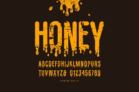 Decorative sans serif font. Letters and numbers with vintage texture for honey label design. Yellow print on black backgroundのイラスト素材