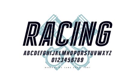 Decorative striped italic sans serif font. Letters and numbers for   emblem design. Color print on white backgroundのイラスト素材