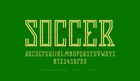 Decorative striped narrow slab serif font. Letters and numbers for sport  design. Color print on green backgroundのイラスト素材
