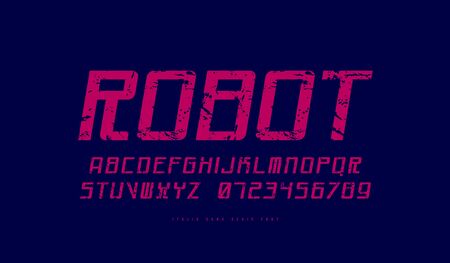 Italic sans serif font in cyber style. Letters and numbers with rough textureのイラスト素材