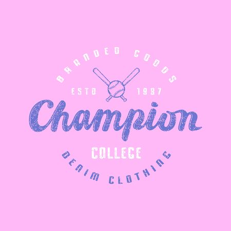 Emblem of champions baseball team. Graphic design for sticker and t-shirt. Color print on pink backgroundのイラスト素材