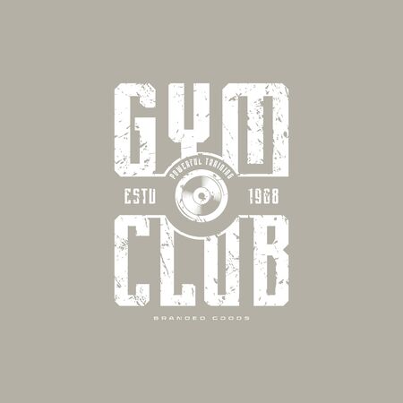 Gym club emblem for t-shirt. Graphic design with vintage texture. White print on gray backgroundのイラスト素材