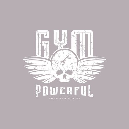 Gym club emblem for t-shirt. Graphic design with skull image and vintage texture. White print on color backgroundのイラスト素材