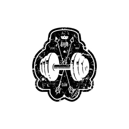 Gym club emblem for t-shirt sticker and tag. Graphic design with dumbbell image and vintage texture. Black print on white backgroundのイラスト素材